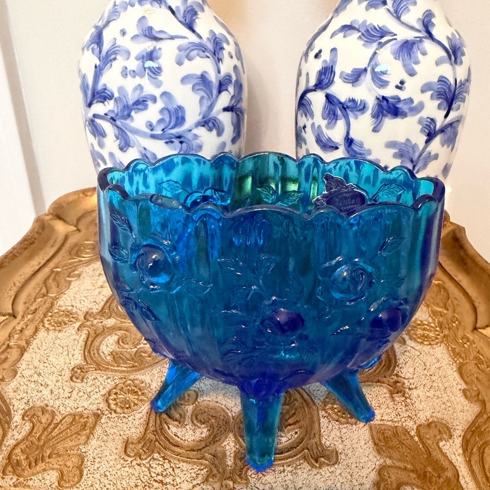 Blue Glass Footed Bowl, Colonial Blue Fenton(?)